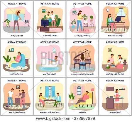 Coronavirus Quarantine, Stay At Home. People Sitting At Their Home, Play With Kids, Relaxing On Sofa