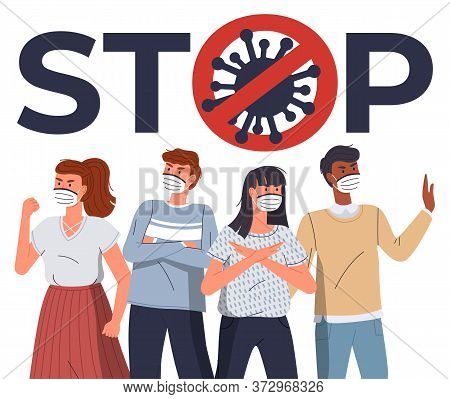 Group Of Multinational People In Face Medical Masks Protesting Against World Epidemic. Group Of Char
