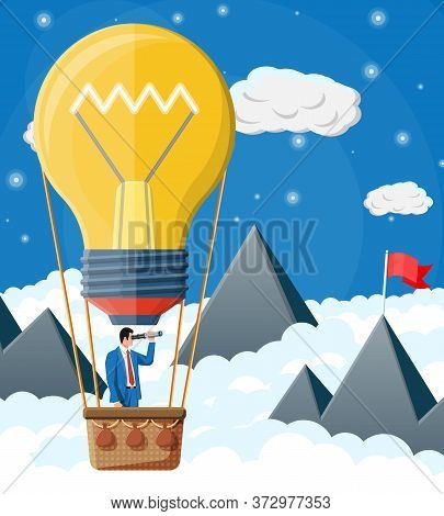 Businessman Flying In Big Idea Bulb Formed Balloon. Business Man On Hot Air Balloon Looking Through 