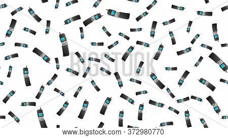 Seamless Pattern Of Retro Old Hipster Cell Mobile Phones From The 70s, 80s, 90s, 2000s On A White Ba