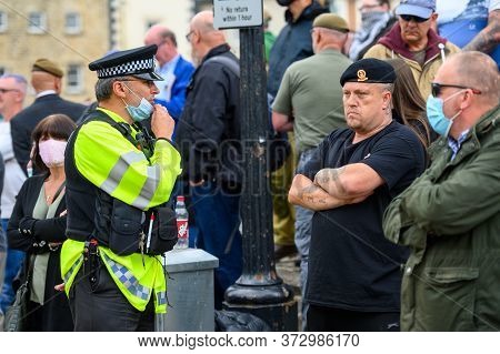 Richmond, North Yorkshire, Uk - June 14, 2020: A Police Officer Confronts British Anti Blm Counter P