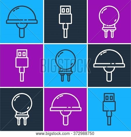 Set Line Light Emitting Diode, Light Emitting Diode And Usb Cable Cord Icon. Vector