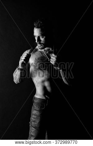 Sexual Desire And Attraction. Muscular Man Use Leather Belt. Fetish. Bdsm Love Game. Sportsman Bare 