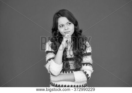 Making Decision. Kid Thoughtful Face Make Decision. Child Cute Face Brunette Hair Thinking. Girl Cas