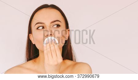 Portrait Beautiful Happy Girl With Perfect Smooth Skin Clean Face From Cosmetics Isolated White Back