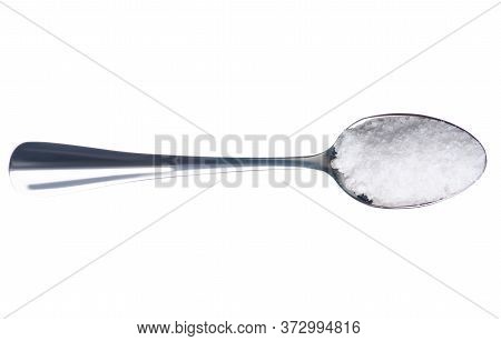 Teaspoon With Salt On White Background Isolation, Top View