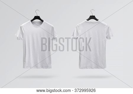 Front And Back Sides Of Male White Cotton T-shirt Isolated On A White Background. T-shirt Without Pr