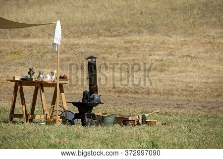 Kitchen Of A Typical Encampment During The Civil War Time At A Civil War Re-enactment In Duncans Mil