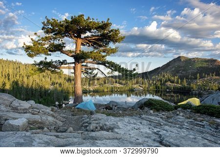 Sunrise At A Backcountry Camp In The Sierra Nevada Near Island Lake, California, Featuring The Rocky