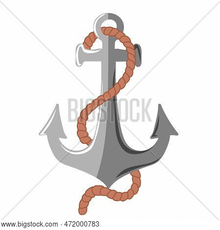 Hand Drawn Anchor With Rope. Mooring Vessel To Sea Bottom. Vector Illustration