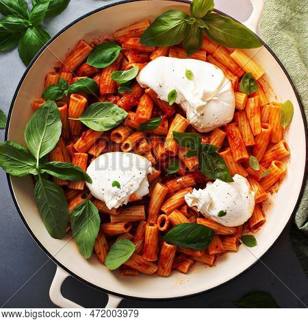 Penne Pasta Marinara With Buratta Cheese And Fresh Basil