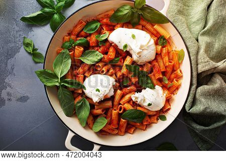 Penne Pasta Marinara With Buratta Cheese And Fresh Basil