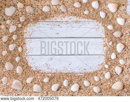 Sand Seashells Background. Summer Time Concept With Sea Shells And Starfish On Wooden Background And