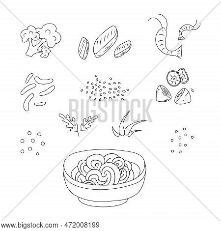 Coloring Page. Asian Food. Plate For Noodles. Shrimp, Beans, Fish, Greens. Vector Illustration.