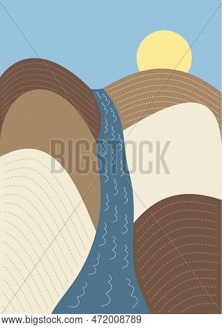 Natural Abstract Japanese Landscape Background. River, Sun And Mountains Landsccape.