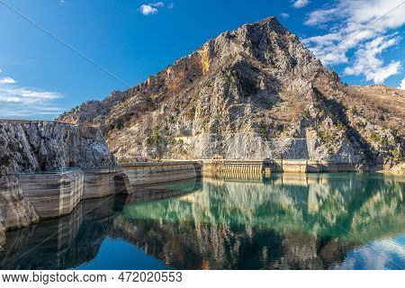 Dam And Hydro Power Plant. Winter Landscape On The Dam In The City Of Manavgat