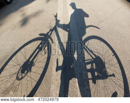Boy's And Gear Cycle's Full Shadow On Road While Standing, Evening Time, Riding Bicycle, Perfect Cle
