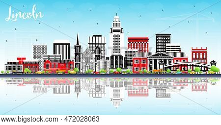 Lincoln Nebraska City Skyline With Color Buildings, Blue Sky And Reflections. Vector Illustration. B