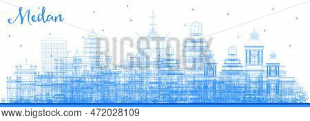 Outline Medan Indonesia City Skyline With Blue Buildings. Vector Illustration. Business Travel And T