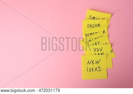 Paper Notes With Life-affirming Phrases On Pink Background, Flat Lay. Space For Text