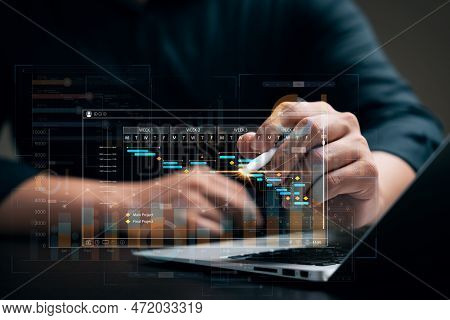 Businessman Analyzing Business Enterprise Data Management, Business Analytics With Charts, Metrics A