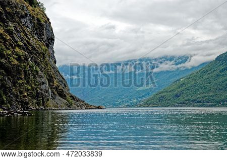 Travel Destination North Of Europe: View Of Aurlandsfjord On Approach To Flaam, Norway. Beautiful Vi