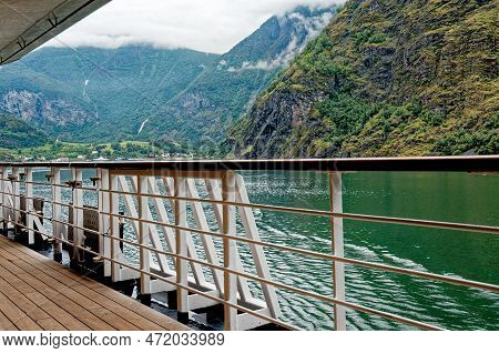 Travel Destination North Of Europe: View Of Aurlandsfjord On Approach To Flaam, Norway. Beautiful Vi