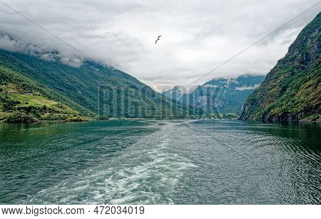 Travel Destination North Of Europe: View Of Aurlandsfjord On Approach To Flaam, Norway. Beautiful Vi