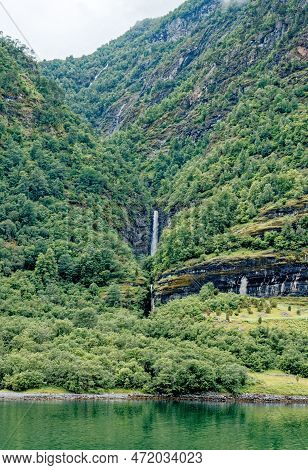 Travel Destination North Of Europe: View Of Aurlandsfjord On Approach To Flaam, Norway. Beautiful Vi