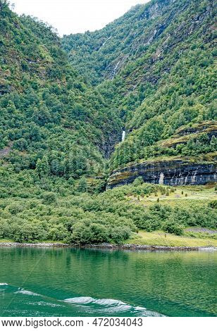 Travel Destination North Of Europe: View Of Aurlandsfjord On Approach To Flaam, Norway. Beautiful Vi