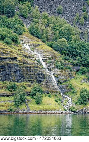 Travel Destination North Of Europe: View Of Aurlandsfjord On Approach To Flaam, Norway. Beautiful Vi