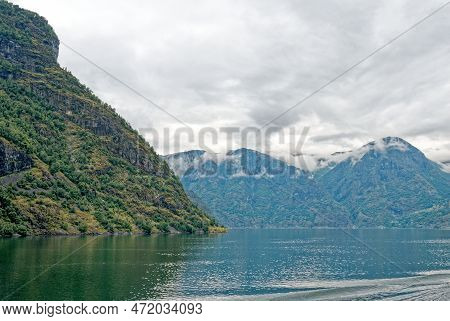 Travel Destination North Of Europe: View Of Aurlandsfjord On Approach To Flaam, Norway. Beautiful Vi