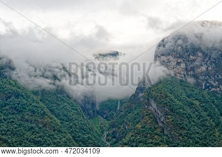 Travel Destination North Of Europe: View Of Aurlandsfjord On Approach To Flaam, Norway. Beautiful Vi