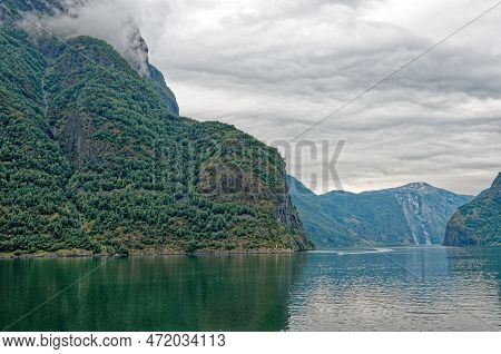 Travel Destination North Of Europe: View Of Aurlandsfjord On Approach To Flaam, Norway. Beautiful Vi