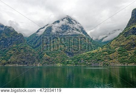 Travel Destination North Of Europe: View Of Aurlandsfjord On Approach To Flaam, Norway. Beautiful Vi
