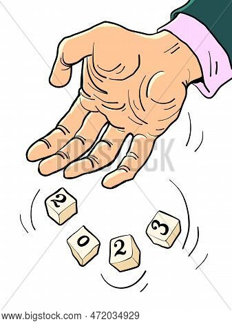 Hand Rolls 2023. Business Man Rolls The Dice With 2023. The Man Realized That 2023 Had Come.
