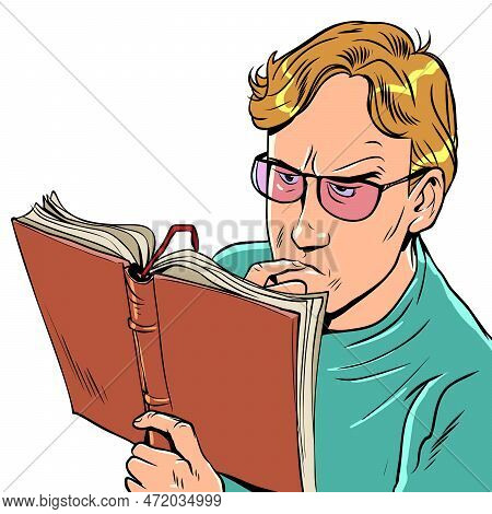 Careful Study Of Materials. Serious Attitude To Business. A Man With Glasses Thoughtfully Reads A Bo