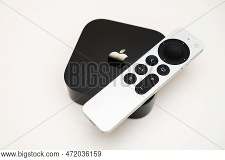 Apple Tv 4k And Remote Controller On The White Background, February 2023, Prague, Czech Republic