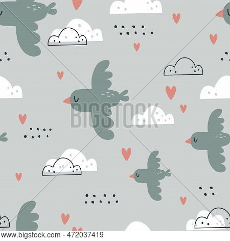 Vector Seamless Boho Pattern With Flying Birds