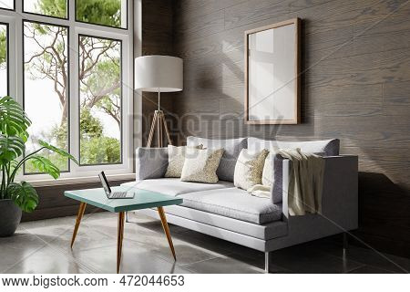 Cozy Living Room Interior In Room Corner; Sunlight Shining Trough Window; Floorlamp And Couch Table 