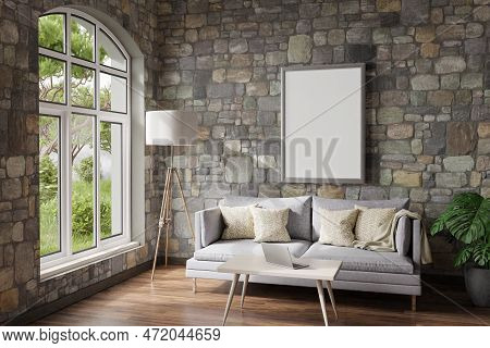 Cozy Living Room Interior In Room Corner; Sunlight Shining Trough Window; Floorlamp And Couch Table 