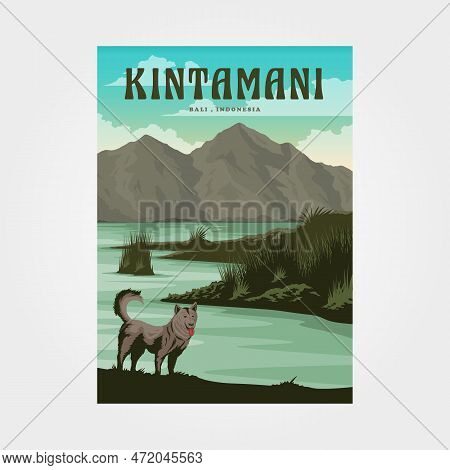 Kintamani Village Bali Travel Poster Vintage Illustration Design, Dog And Outdoor View Poster Design