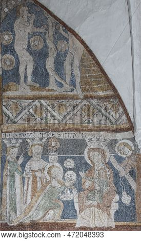 The Holy Three Kings Handing Over Their Gifts To The Christ Child, An Ancient Fresco In Keldeby Chur