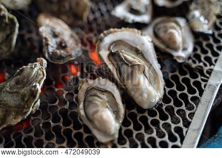 Grilled Fresh Oyster In Taiwan, Famous Street Food.