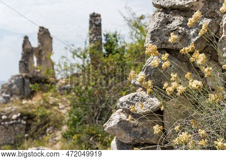 Calascio, Italy-august 9, 2021:particular Of The Ruins Of Rocca Calascio During A Sunny Day