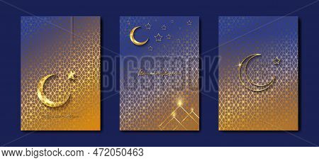 Ramadan Kareem 2023 Vector Set Greeting Card. Gold Half Moon On Blue Background. Golden Holiday Post