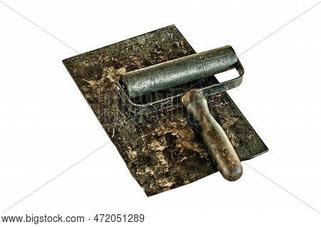 Roller For Rolling Ink Vintage Print Books, Isolated On A White Background. Tools Of Ancient Printin