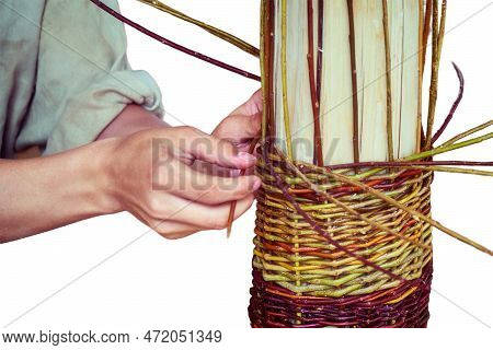 Men's Hands For Weaving Handmade Baskets, Isolated On A White Background. Products From Twigs In A R