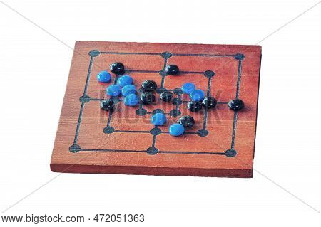 Board For The Game Of The Mill With The Placed Chips, Isolated On A White Background. Board Game Wit