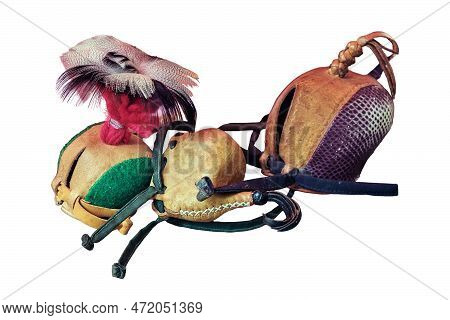 Caps And Other Clothes For The Hunter Falcon, Isolated On A White Background. Attributes Of Vintage 